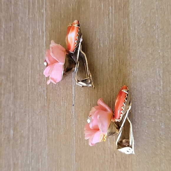 Vintage Inspired Rose Clip-On Earrings Pink Floral Costume Jewelry - Picture 4 of 7